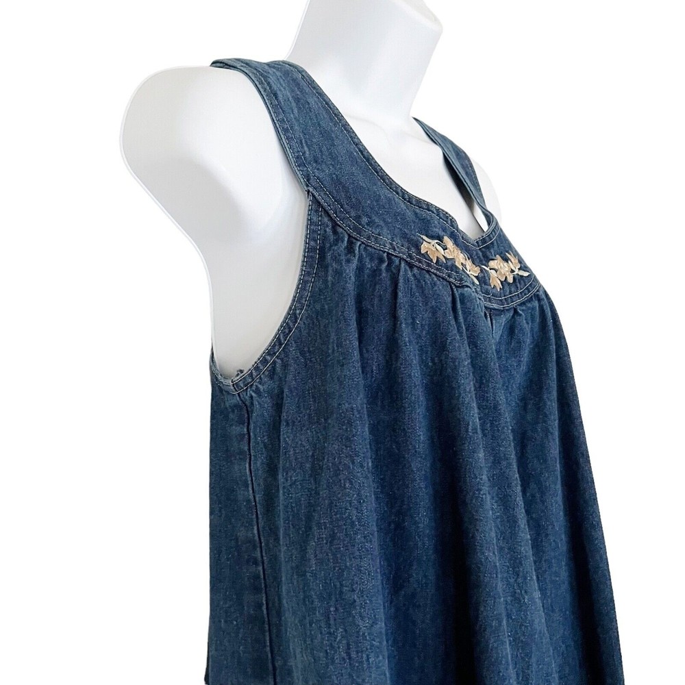 Vtg Foxmoor Denim Jumper Long Dress Floral Embroidery Sleeveless Pockets Sz M - Picture 3 of 9